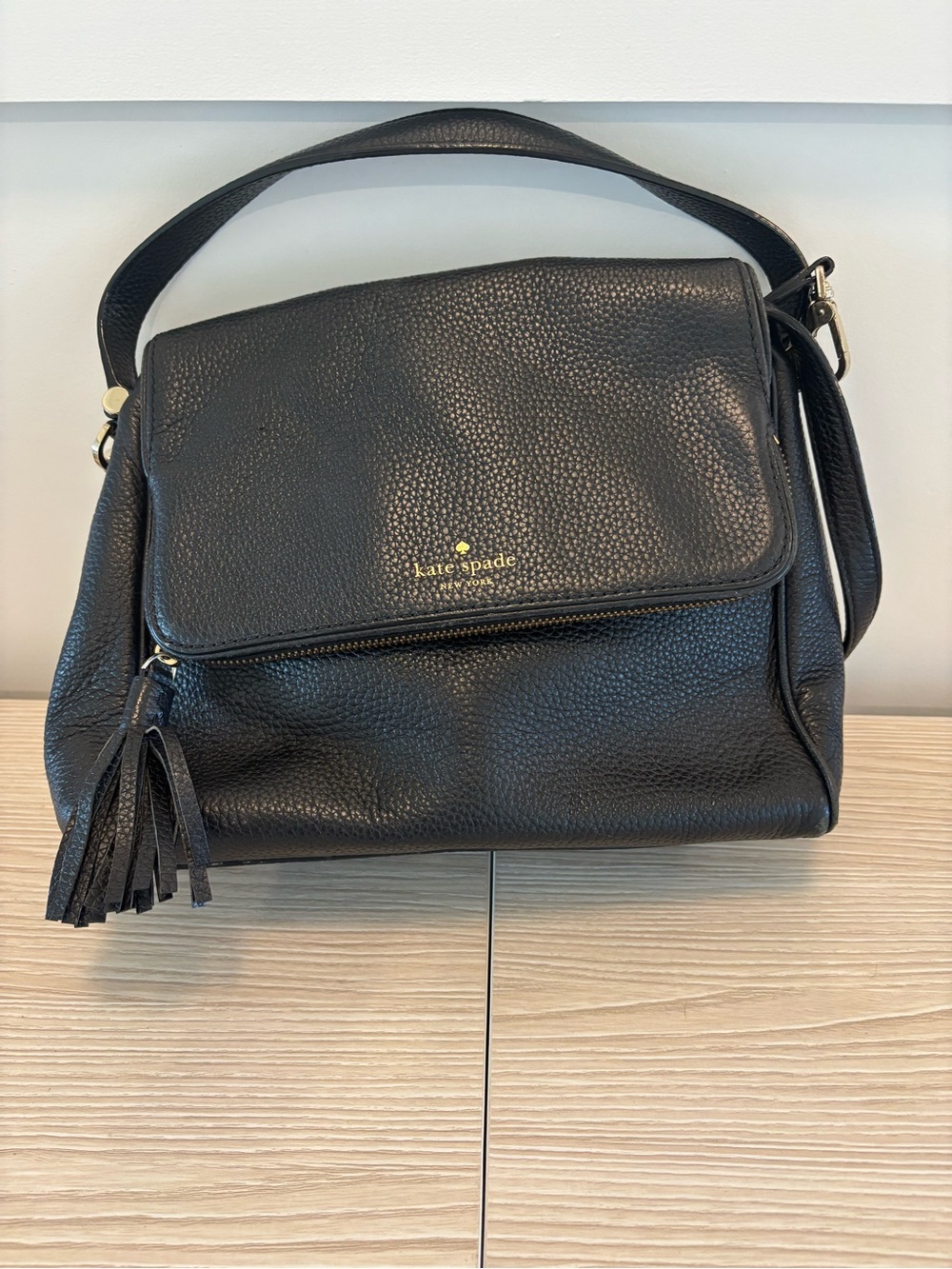kate spade Black Pebbled Leather Flap Shoulder Bag with Tassel